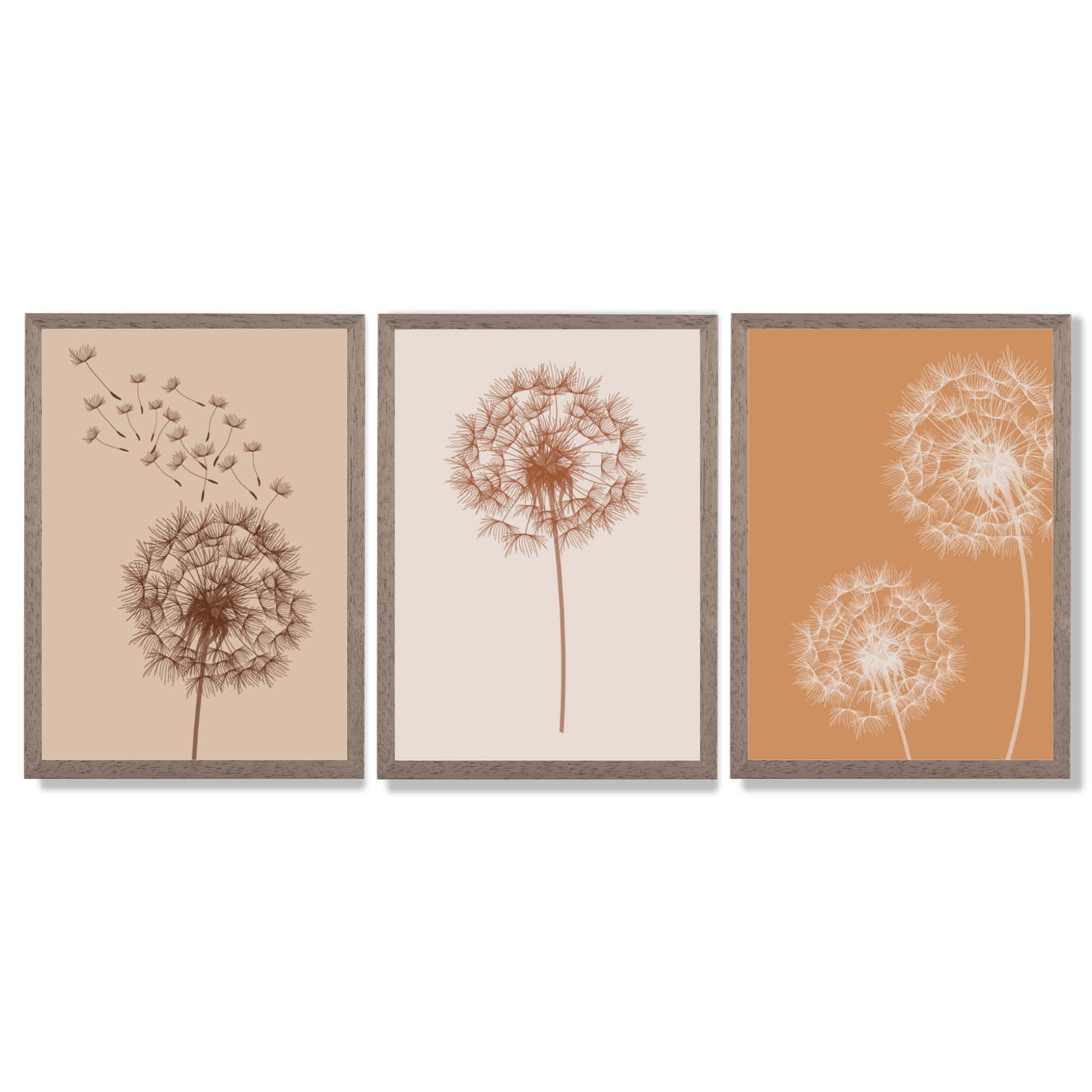 Dandelions Sketch on Beige and Orange Set of 3 Framed Art Prints with Light Walnut Frames