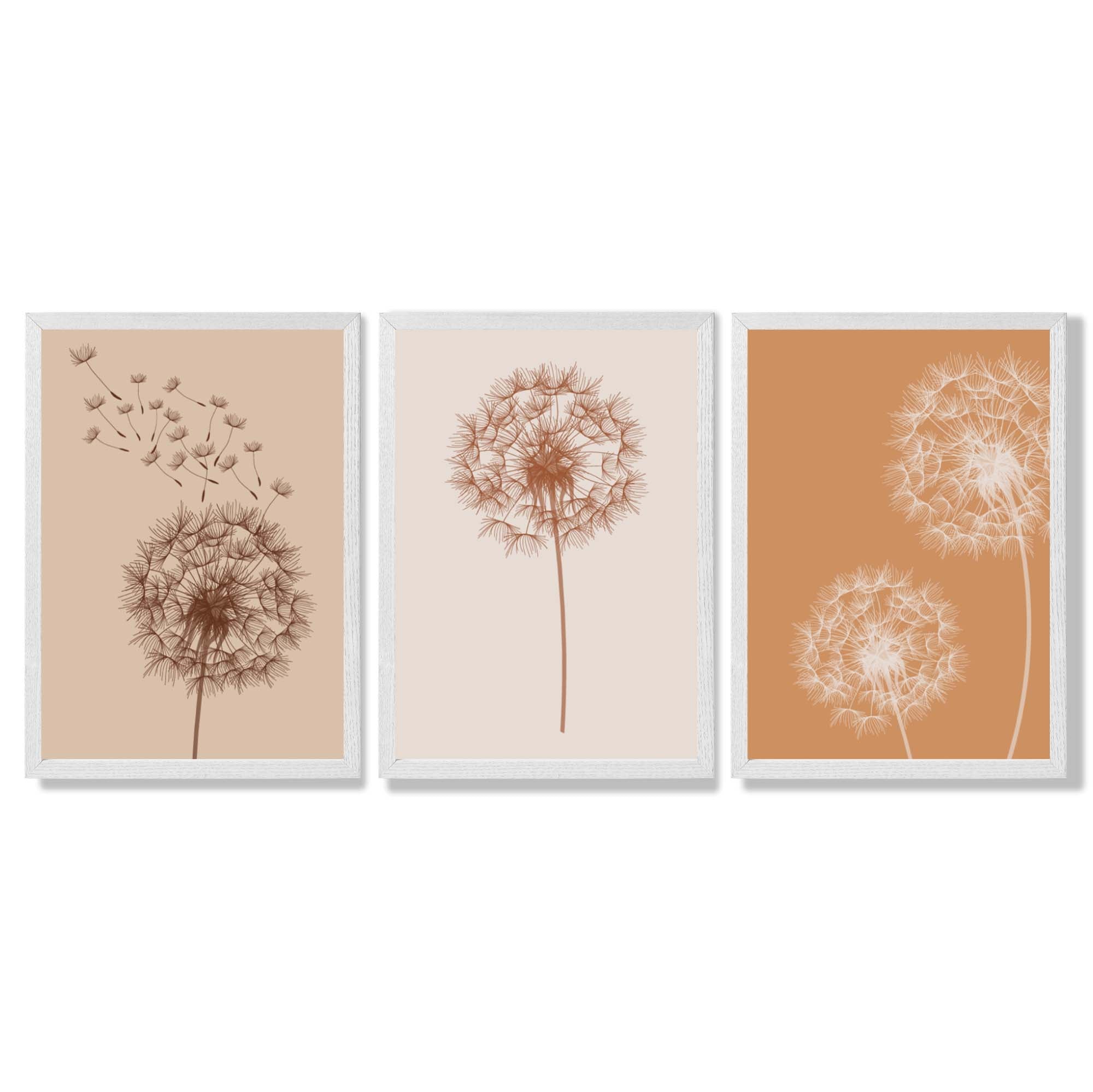 Dandelions Sketch on Beige and Orange Set of 3 Framed Art Prints with White Wooden Frames