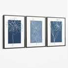 Minimal Sketch Flowers on Blue Shades Set of 3 Canvas Art Prints with Grey Float Frame