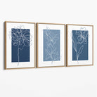 Minimal Sketch Flowers on Blue Shades Set of 3 Canvas Art Prints with Oak Float Frame