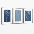 Minimal Sketch Flowers on Blue Shades Set of 3 Canvas Art Prints with Silver Float Frame