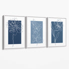 Minimal Sketch Flowers on Blue Shades Set of 3 Canvas Art Prints with White Float Frame