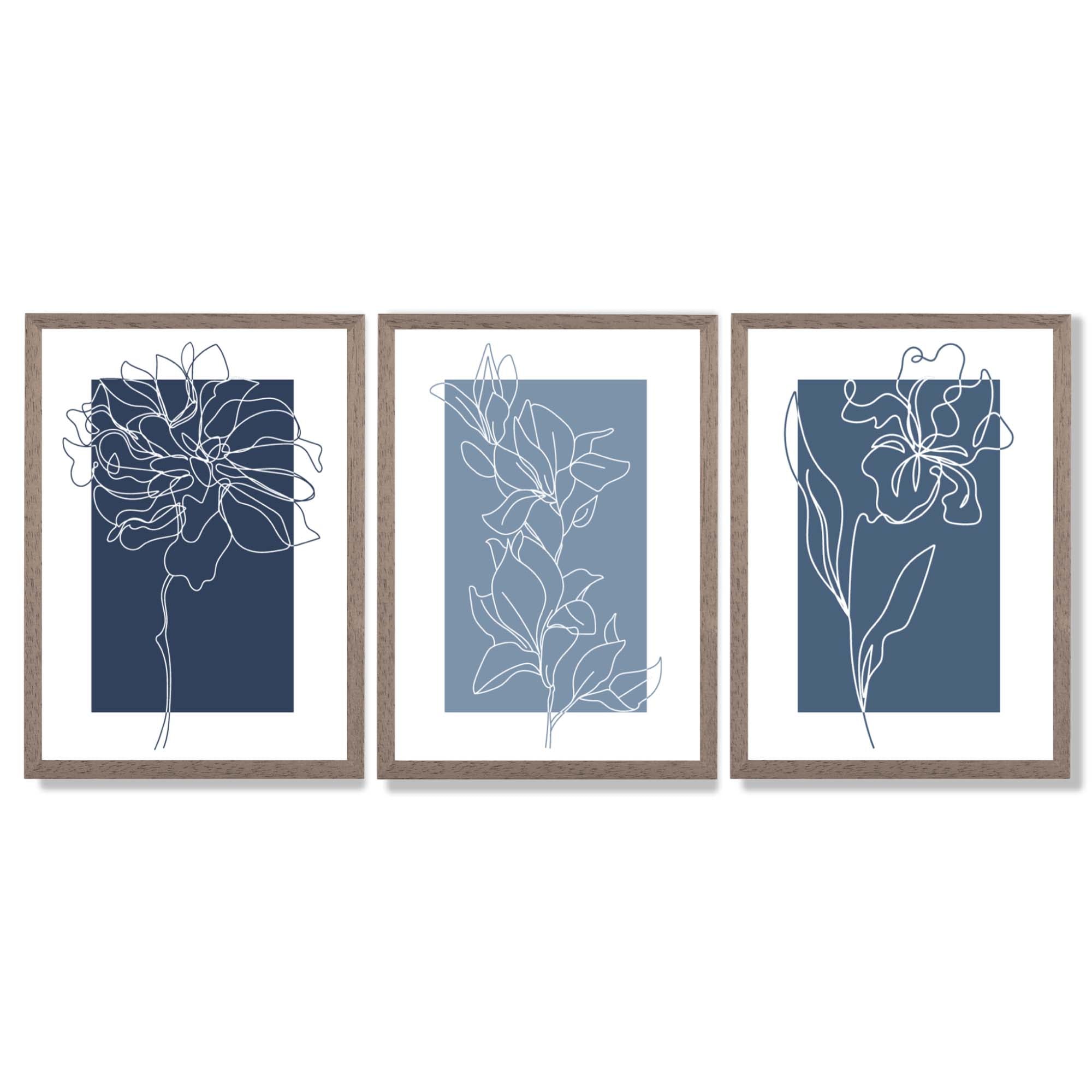 Minimal Sketch Flowers on Blue Shades Set of 3 Framed Art Prints with Light Walnut Frames