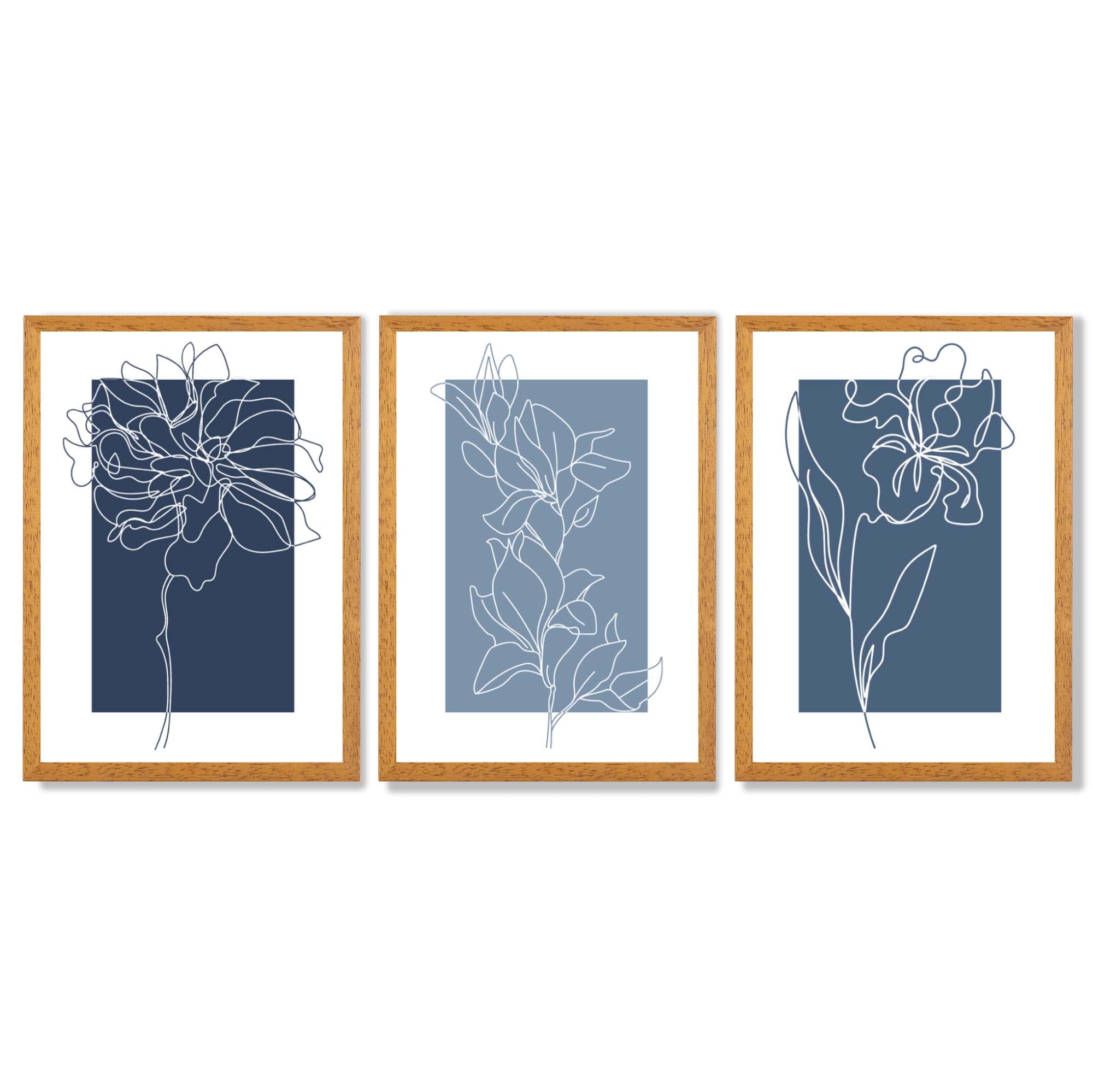 Minimal Sketch Flowers on Blue Shades Set of 3 Framed Art Prints with Oak Wooden Frames