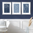 Minimal Sketch Flowers on Blue Shades Set of 3 Art Prints in Luxury Frames | Artze UK