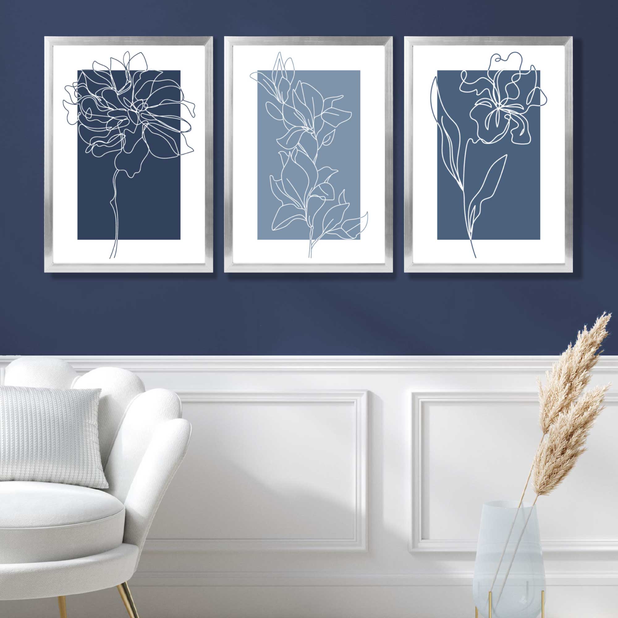 Minimal Sketch Flowers on Blue Shades Set of 3 Art Prints in Luxury Frames | Artze UK