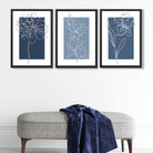 Minimal Sketch Flowers on Blue Shades Set of 3 Art Prints in Black Frames | Artze UK