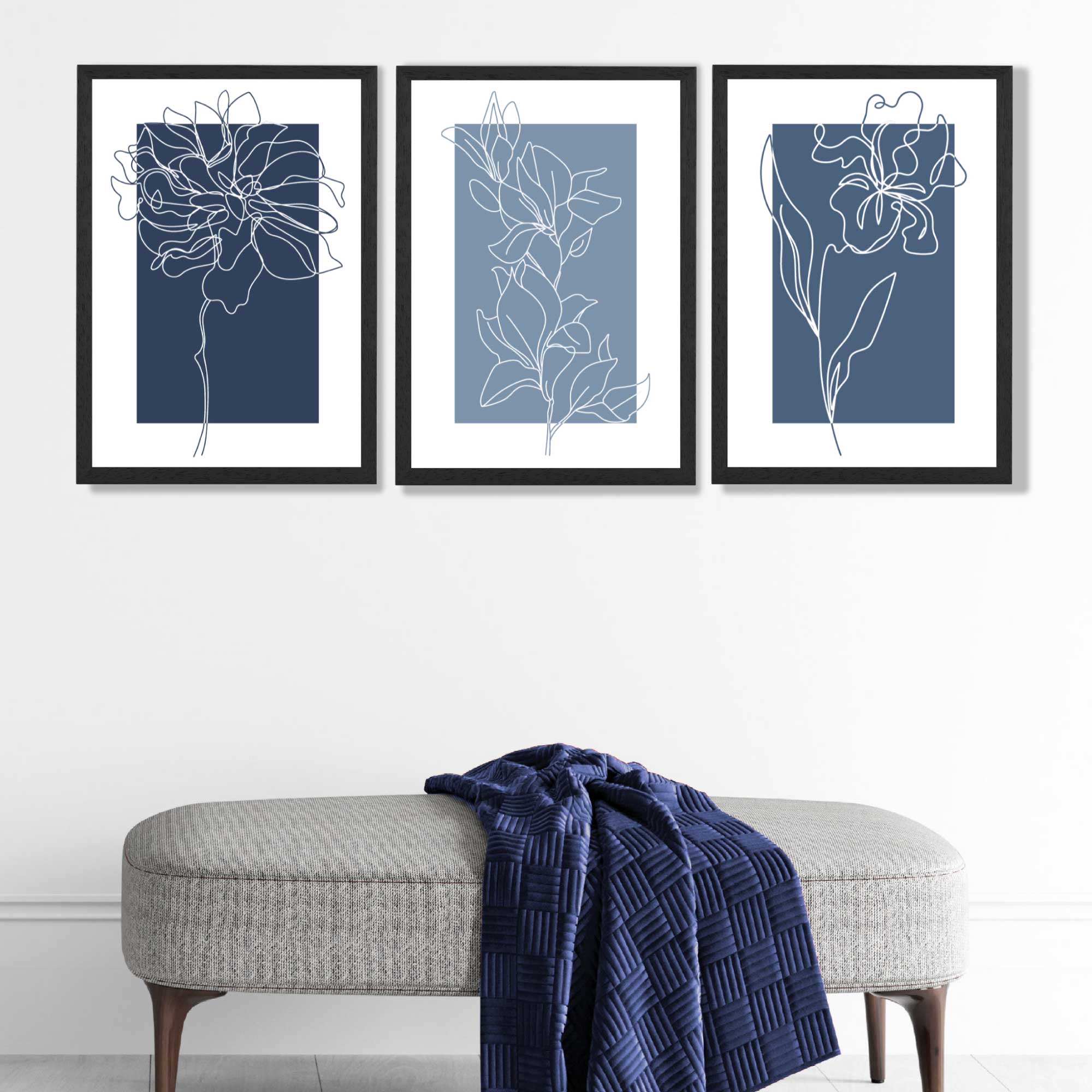 Minimal Sketch Flowers on Blue Shades Set of 3 Art Prints in Black Frames | Artze UK