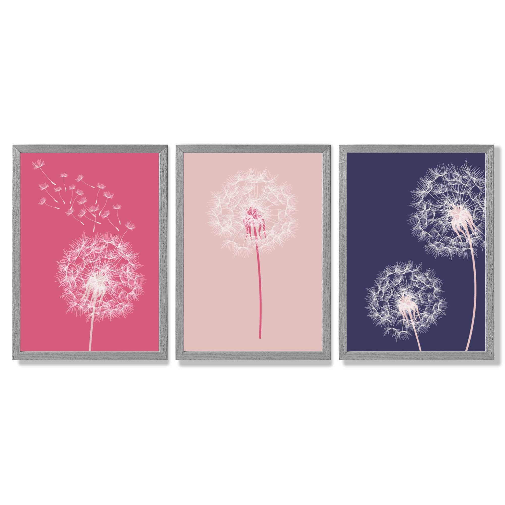 Dandelions Sketch Flowers on Pink and Purple Set of 3 Framed Art Prints with Light Grey Wooden Frames