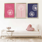 Dandelions Sketch Flowers on Pink and Purple Set of 3 Art Prints in Luxury Frames | Artze UK
