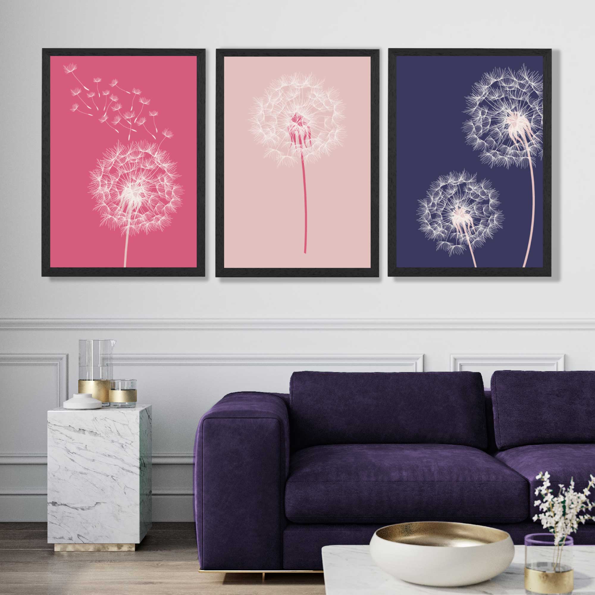 Dandelions Sketch Flowers on Pink and Purple Set of 3 Art Prints in Black Frames | Artze UK