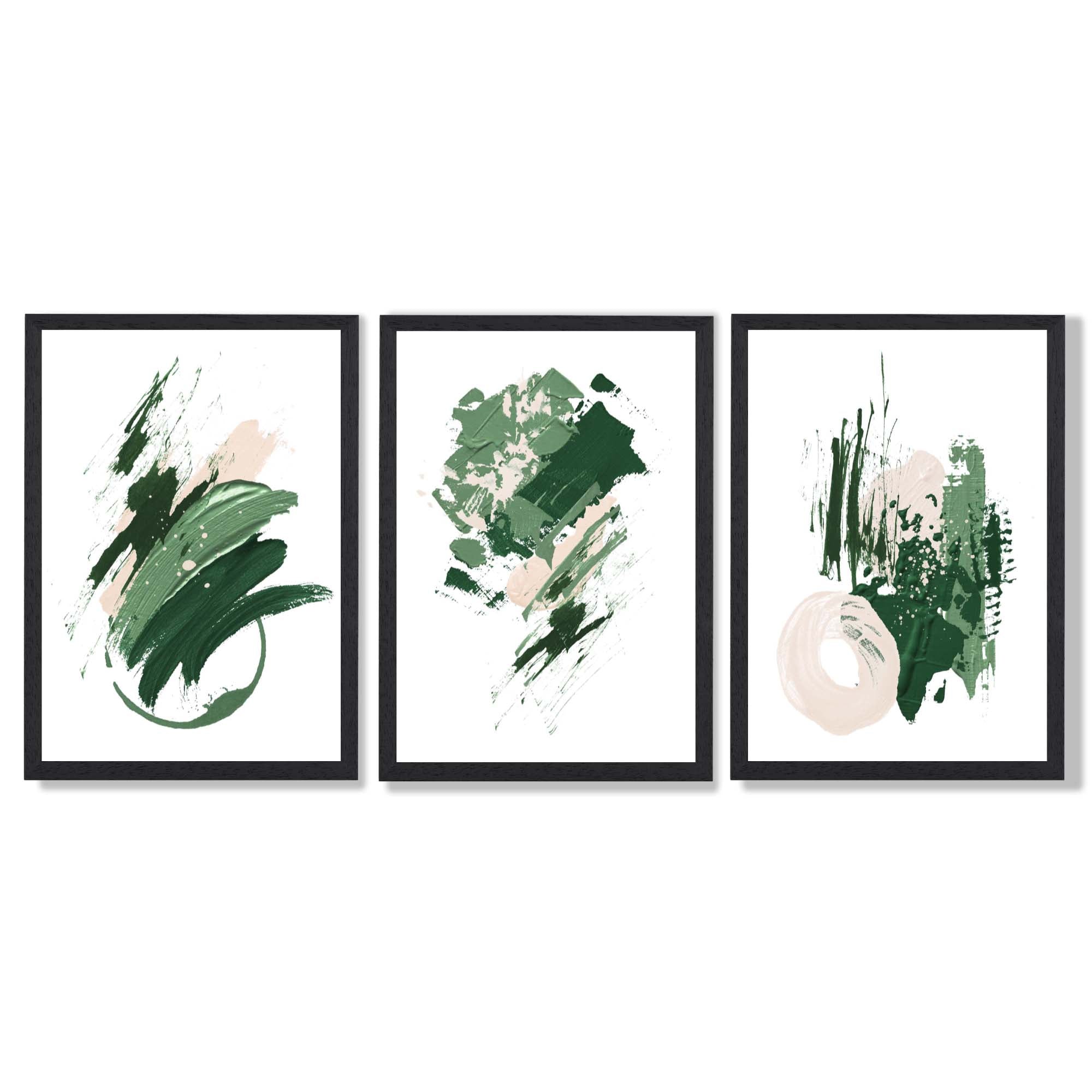 Abstract Green and Ivory Oil Set of 3 Framed Art Prints with Black Wooden Frames