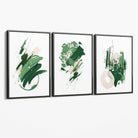 Abstract Green and Ivory Oil Set of 3 Canvas Art Prints with Grey Float Frame