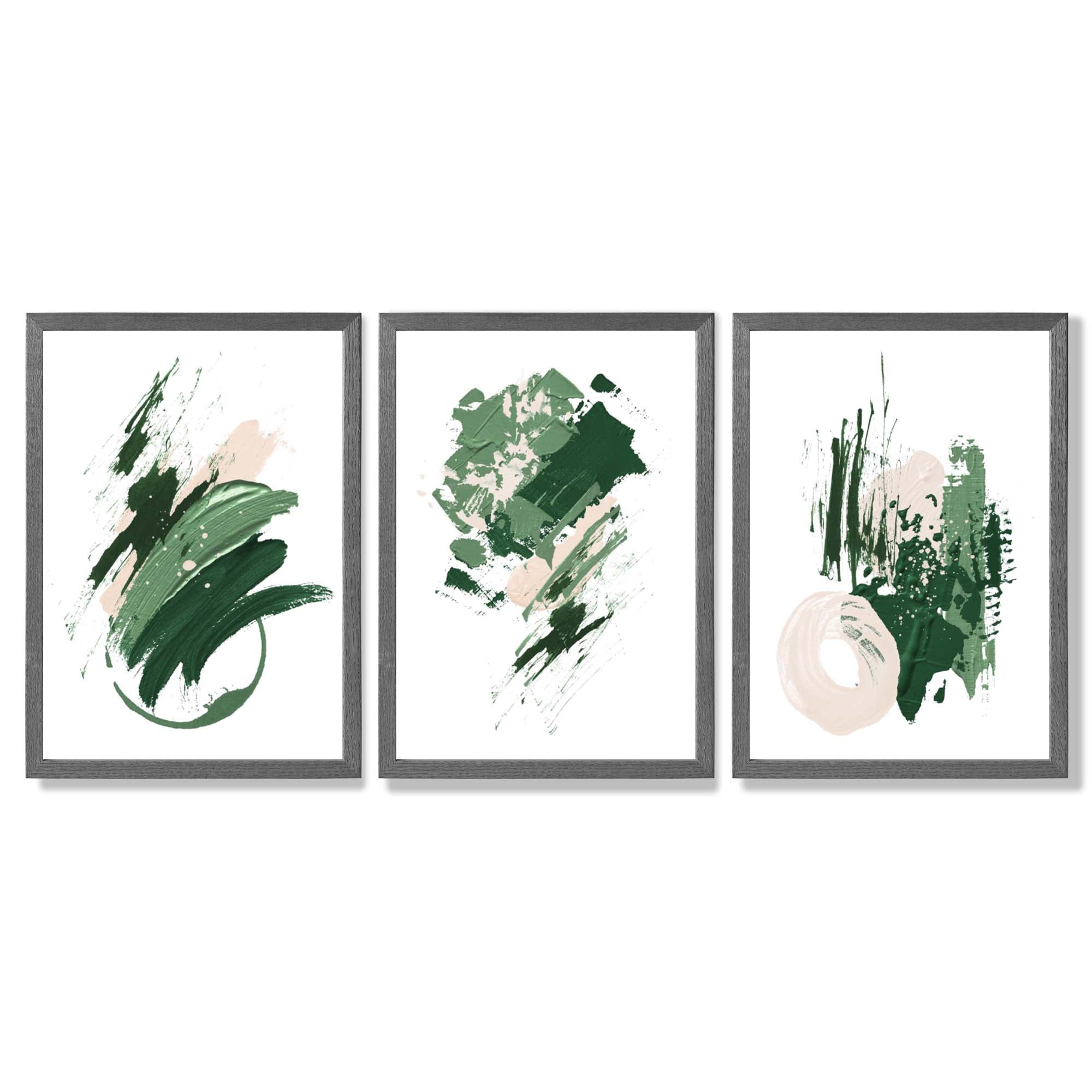 Abstract Green and Ivory Oil Set of 3 Framed Art Prints with Dark Grey Wooden Frames