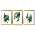 Abstract Green and Ivory Oil Set of 3 Framed Art Prints with Gold Wood Frames