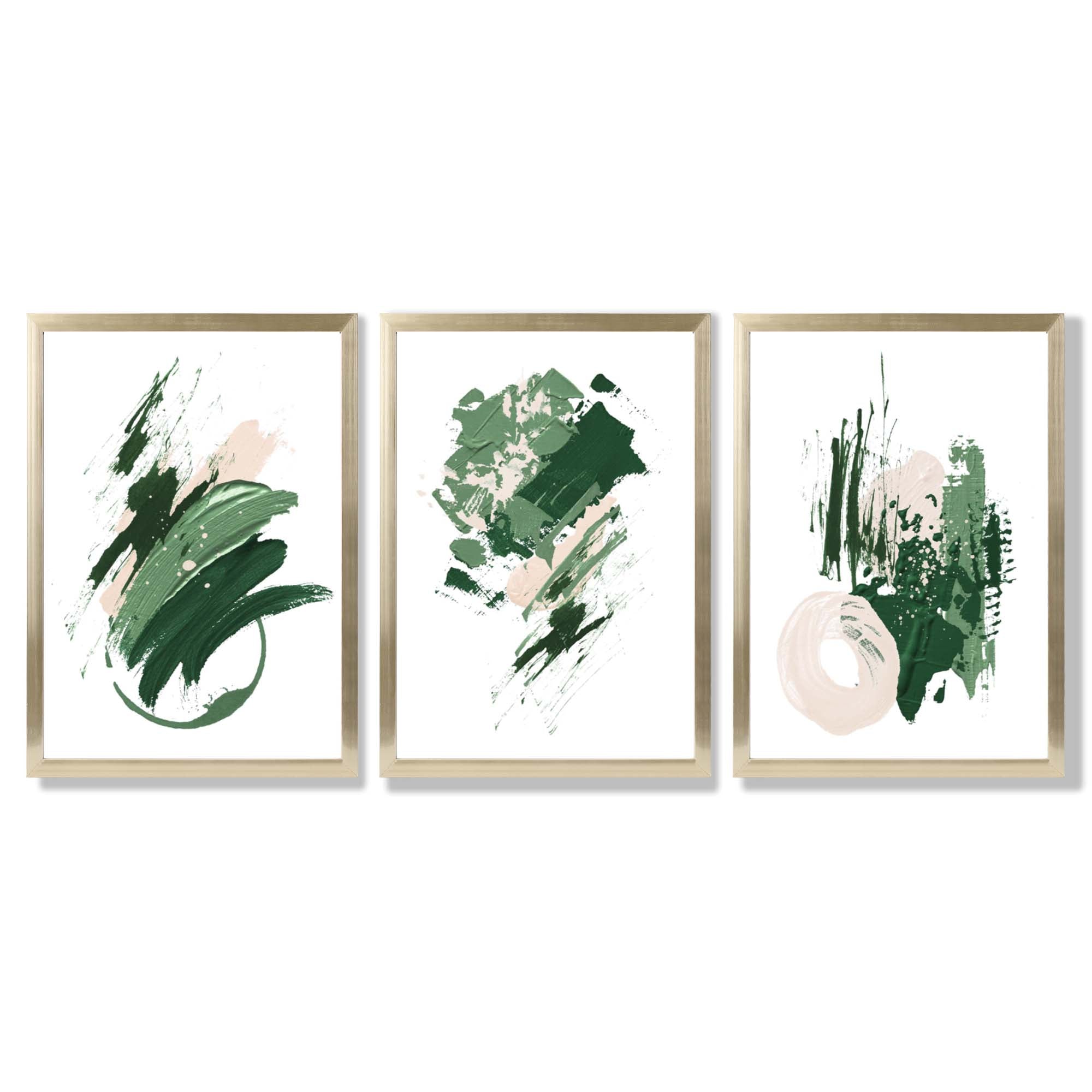 Abstract Green and Ivory Oil Set of 3 Framed Art Prints with Gold Wood Frames
