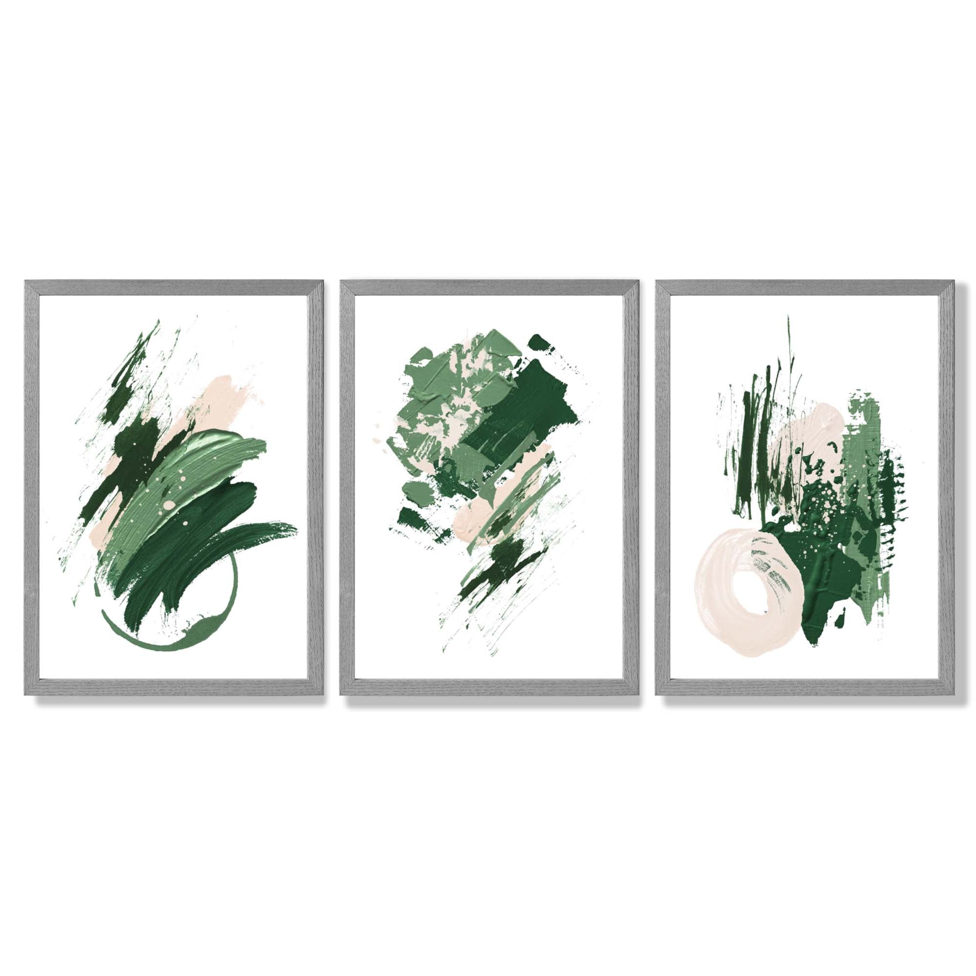Abstract Green and Ivory Oil Set of 3 Framed Art Prints with Light Grey Wooden Frames