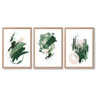 Abstract Green and Ivory Oil Set of 3 Framed Art Prints with Light Oak Frames