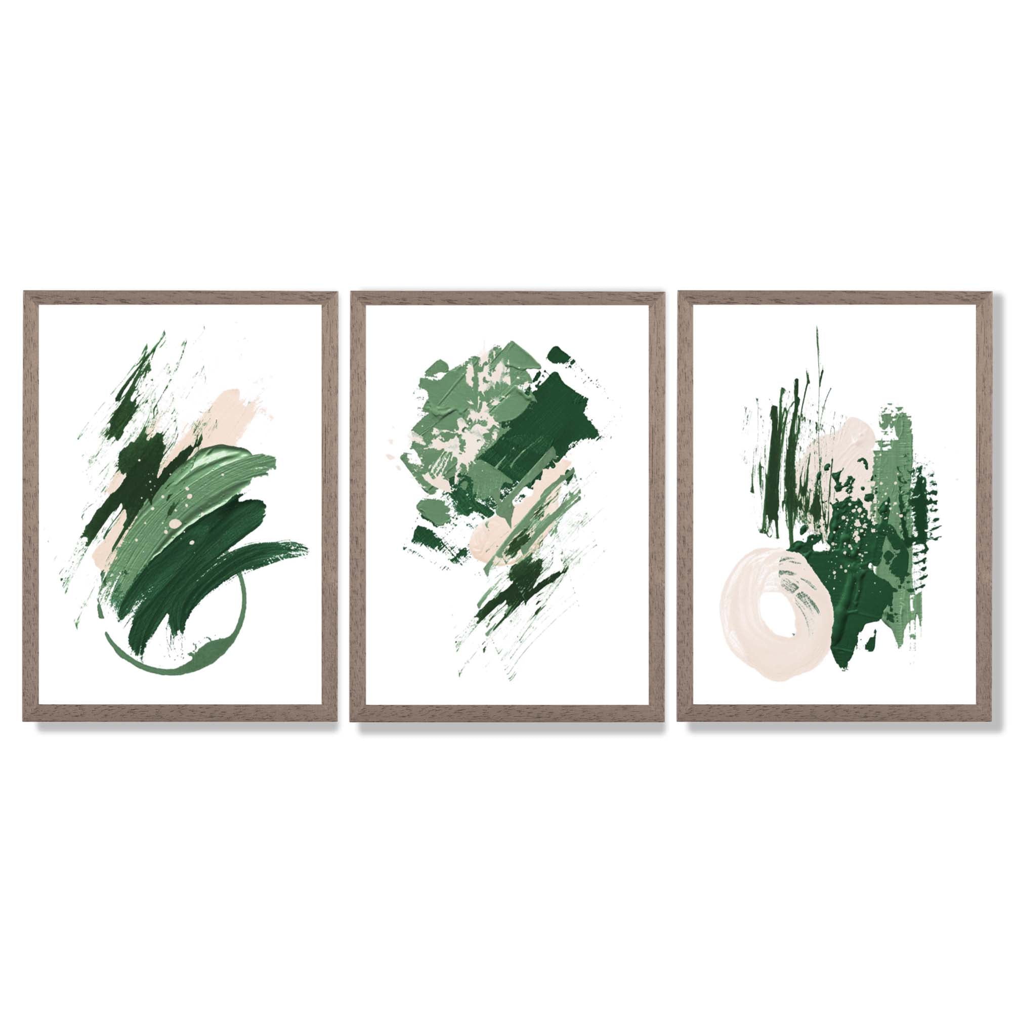 Abstract Green and Ivory Oil Set of 3 Framed Art Prints with Light Walnut Frames