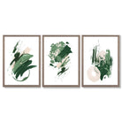 Abstract Green and Ivory Oil Set of 3 Framed Art Prints with Light Walnut Frames