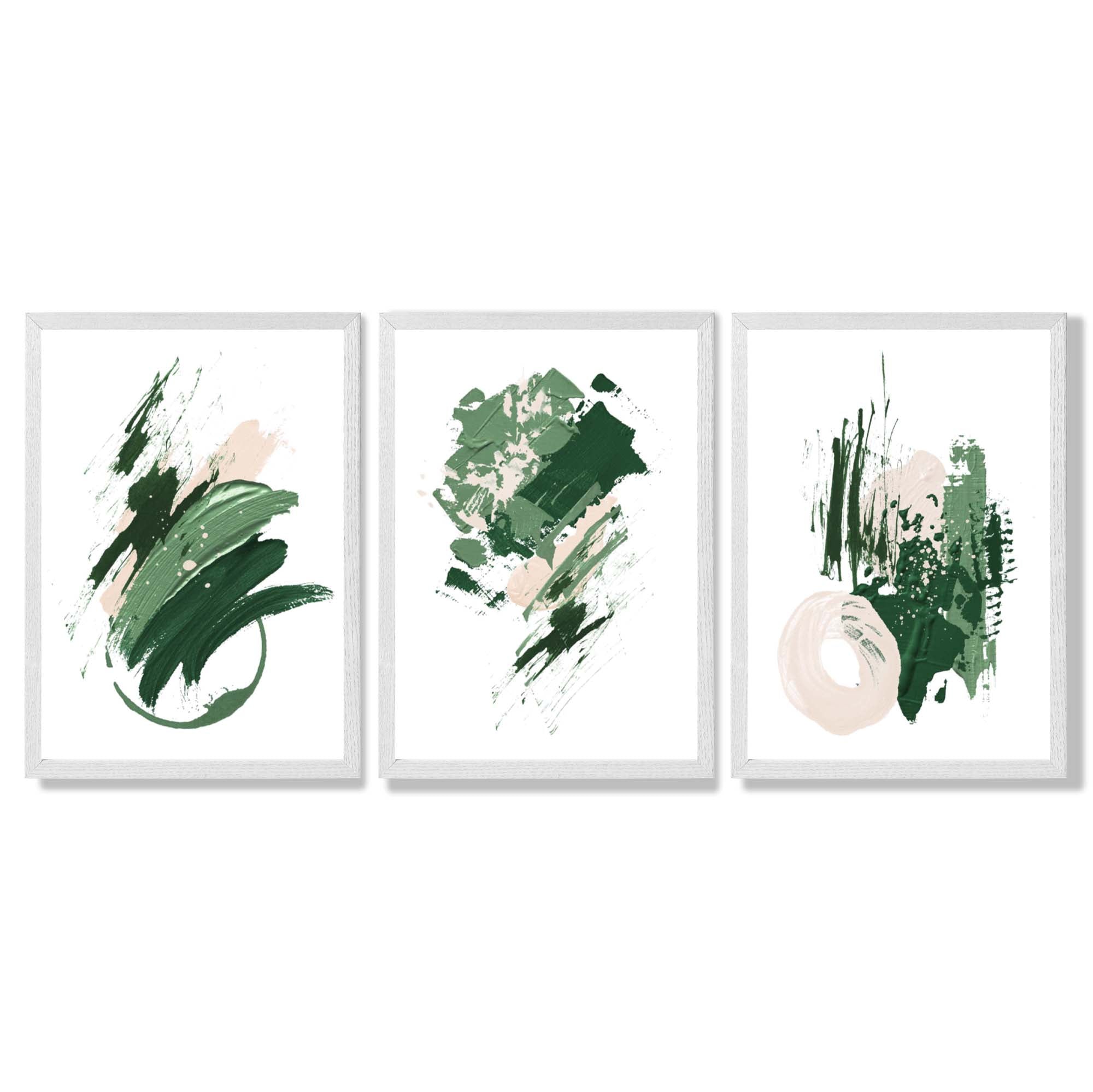 Abstract Green and Ivory Oil Set of 3 Framed Art Prints with White Wooden Frames