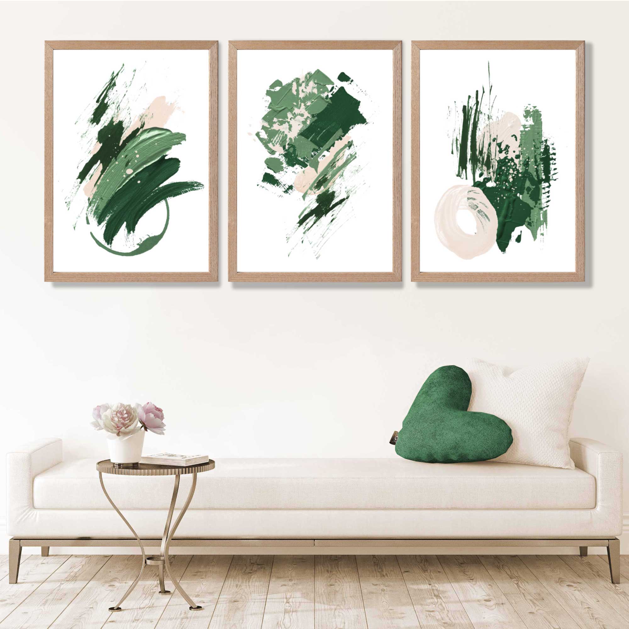 Abstract Green and Ivory Oil Set of 3 Art Prints in Luxury Frames | Artze UK