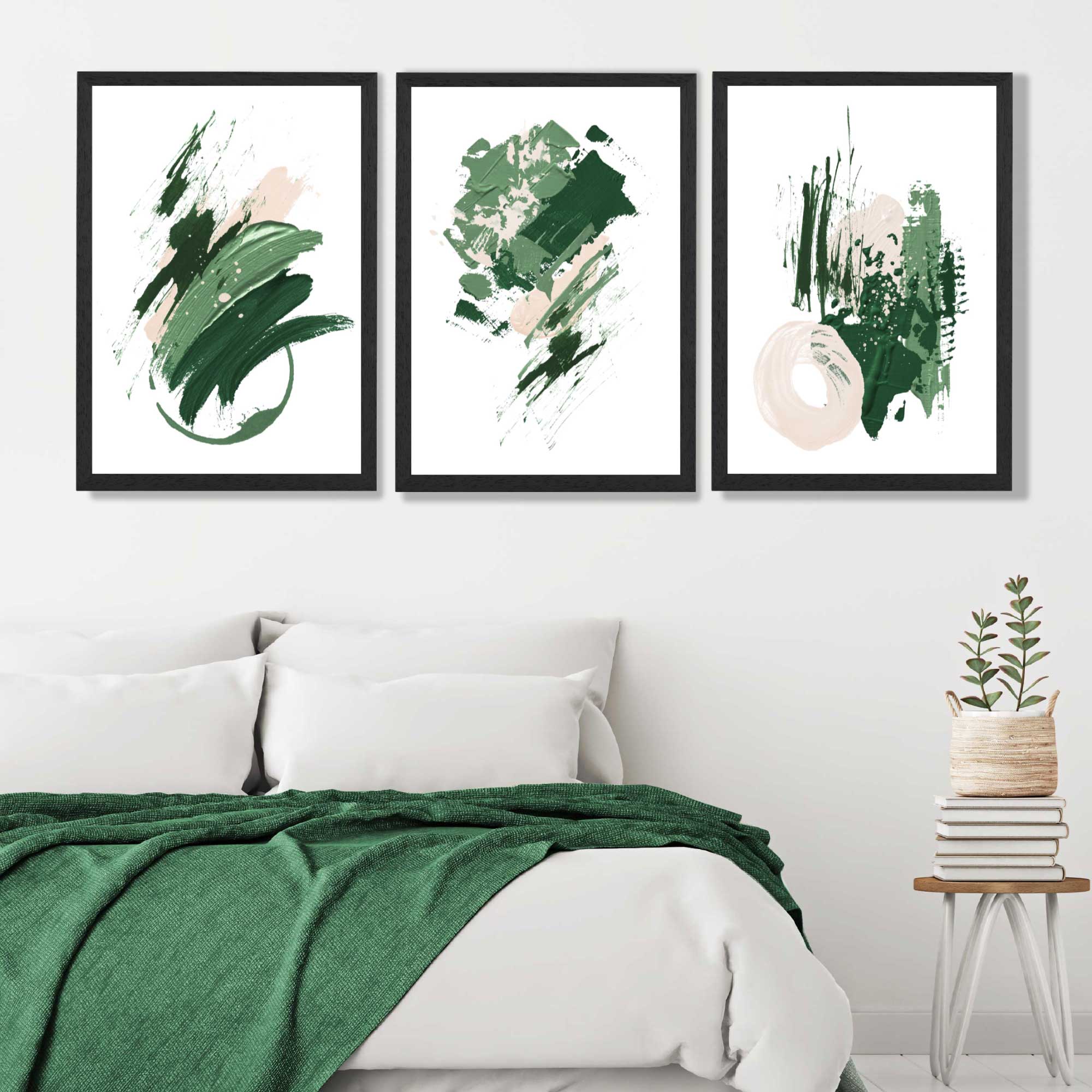 Abstract Green and Ivory Oil Set of 3 Framed Art Prints in Luxury Frames | Artze UK