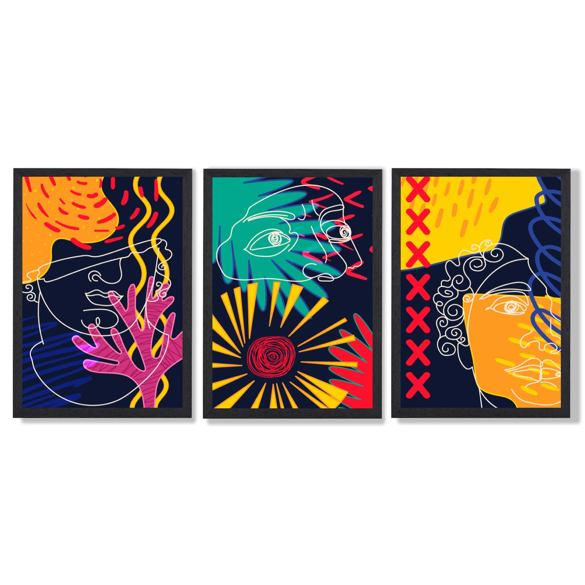 Abstract Maximalist Colurful Doodles Set of 3 Framed Art Prints with Black Wooden Frames