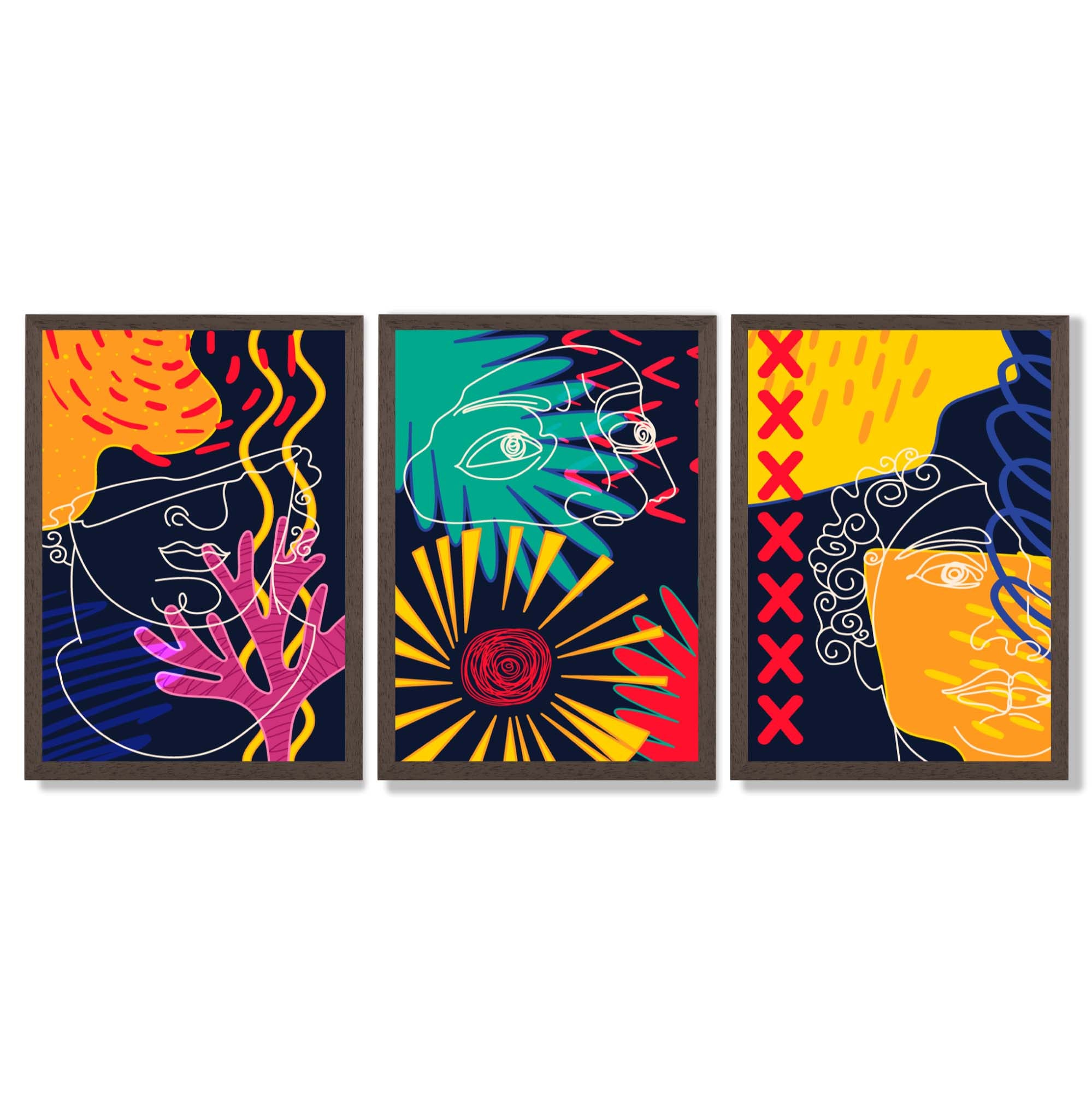Abstract Maximalist Colurful Doodles Set of 3 Framed Art Prints with Dark Wood Frames