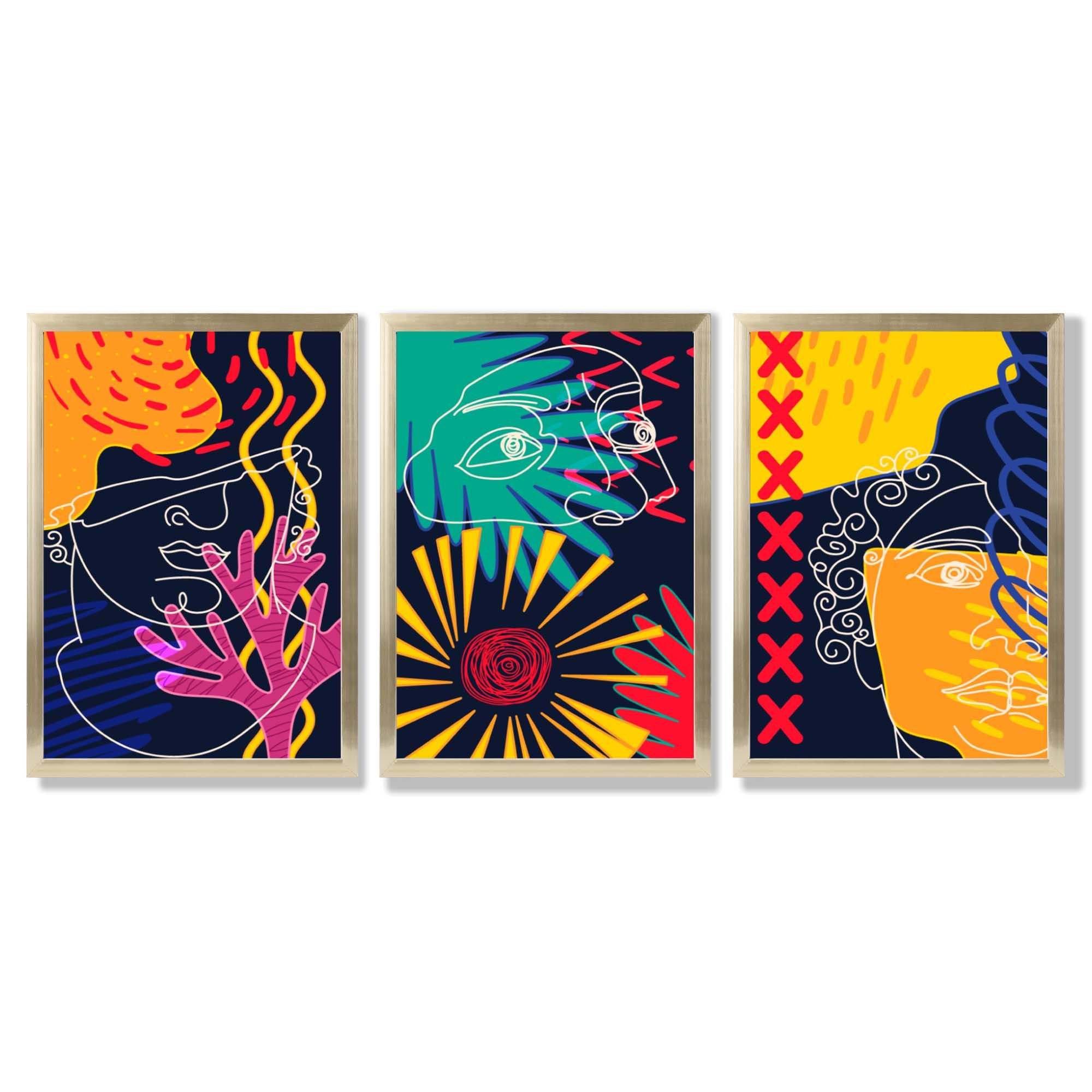 Abstract Maximalist Colurful Doodles Set of 3 Framed Art Prints with Gold Wood Frames