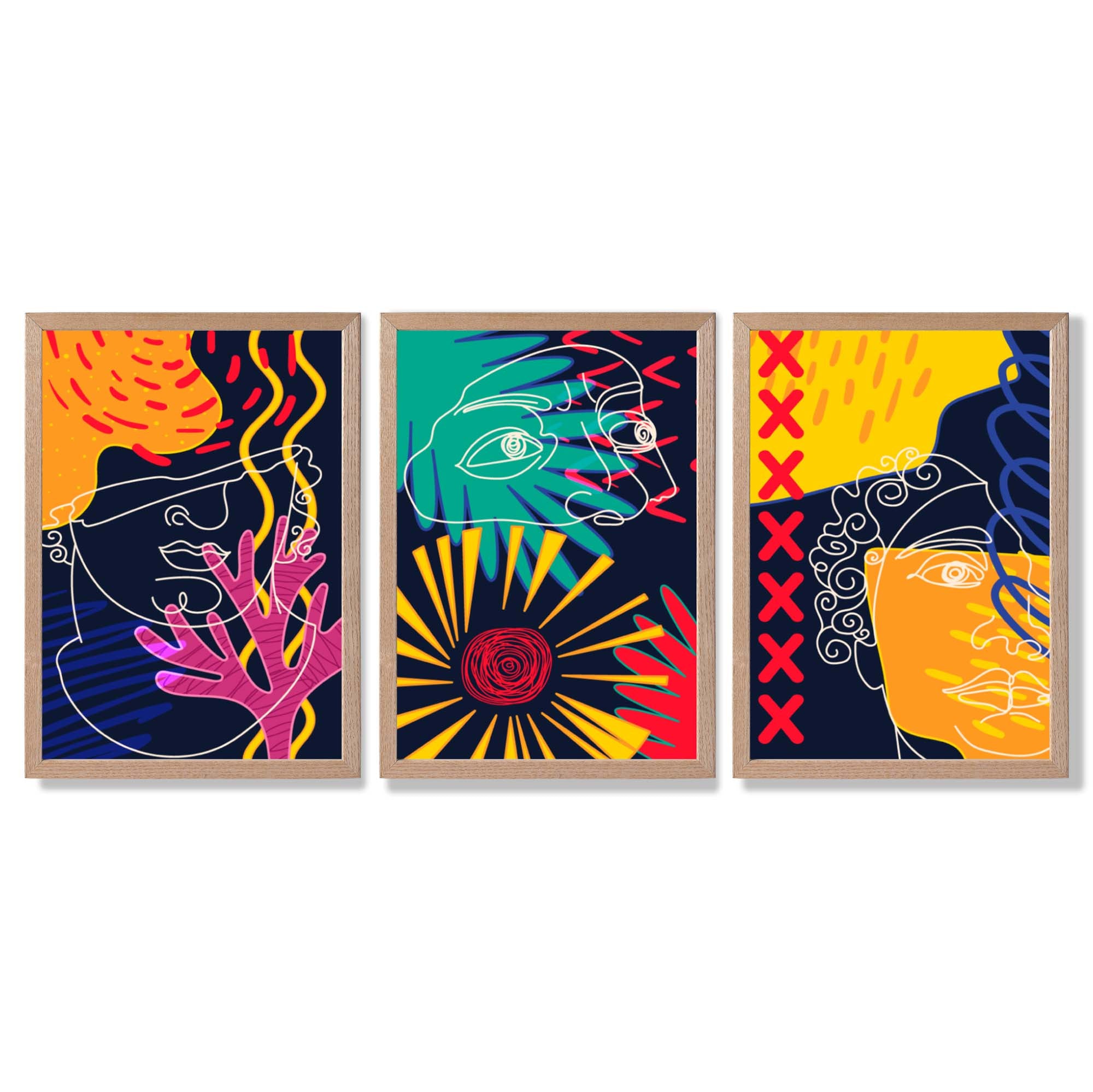 Abstract Maximalist Colurful Doodles Set of 3 Framed Art Prints with Light Oak Frames
