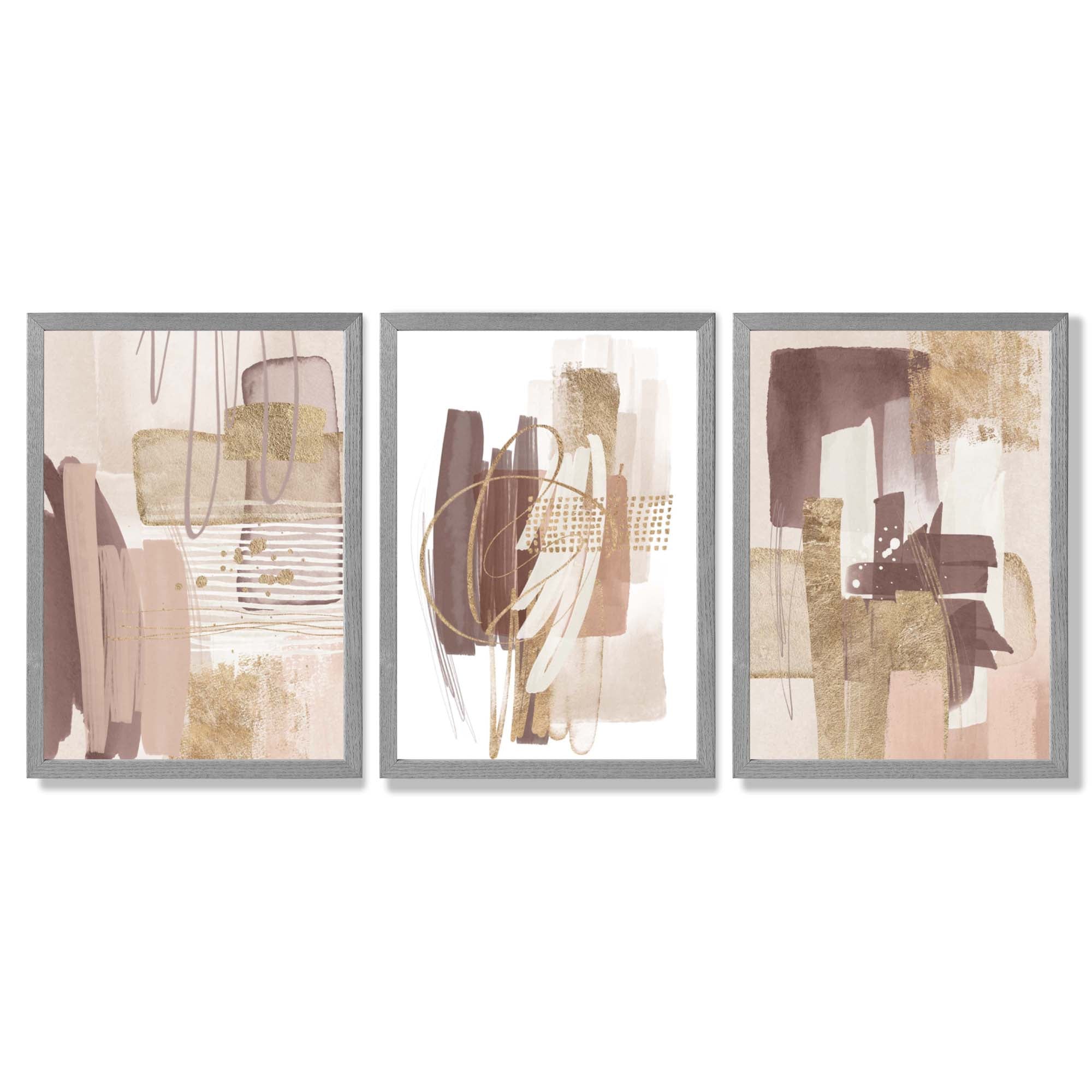 Set of 3 Abstract Blush and Pink Shades with Gold Framed Art Prints with Light Grey Wooden Frames