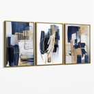 Set of 3 Abstract Navy and Blue Shades with Gold Canvas Art Prints with Gold Float Frame