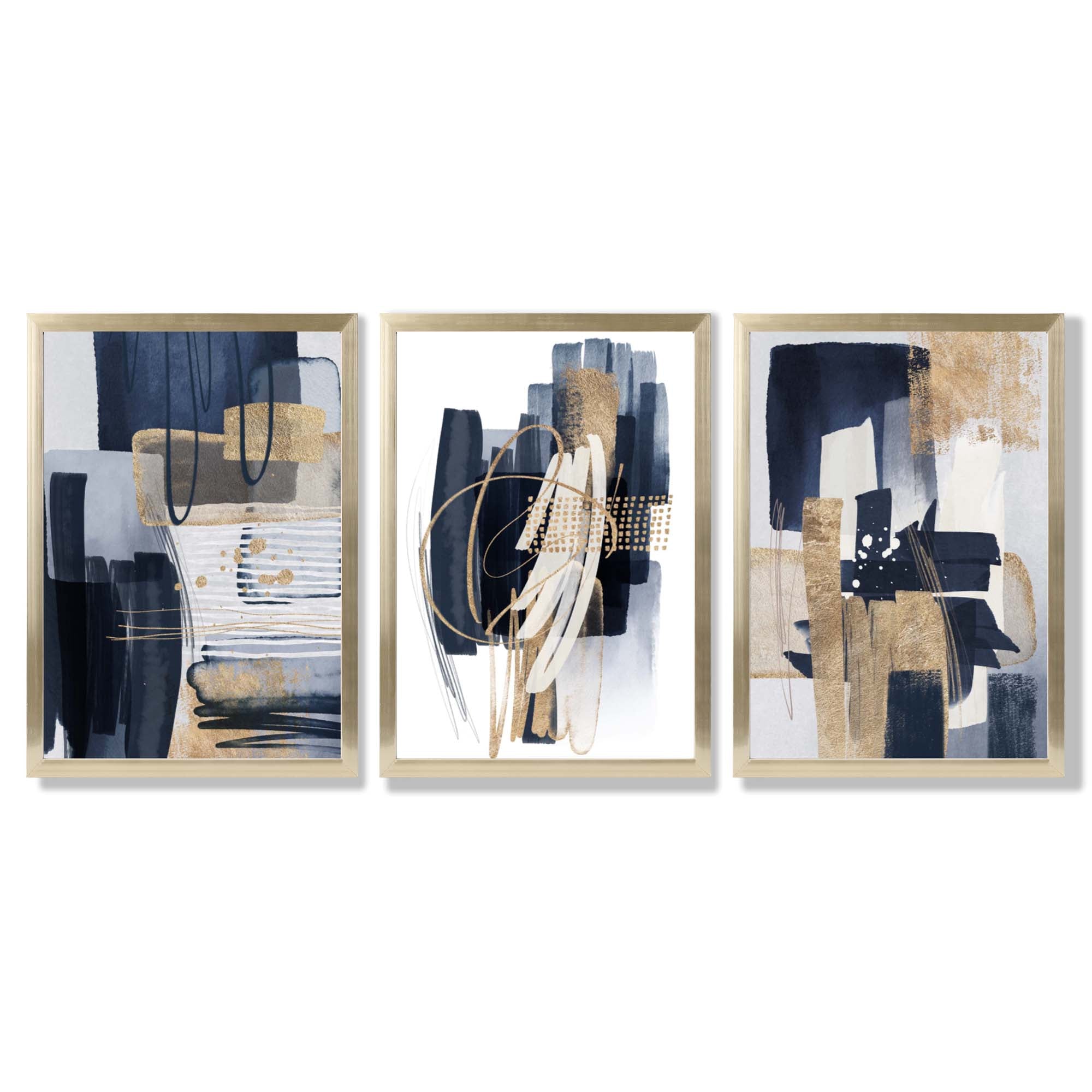 Set of 3 Abstract Navy and Blue Shades with Gold Framed Art Prints with Gold Wood Frames