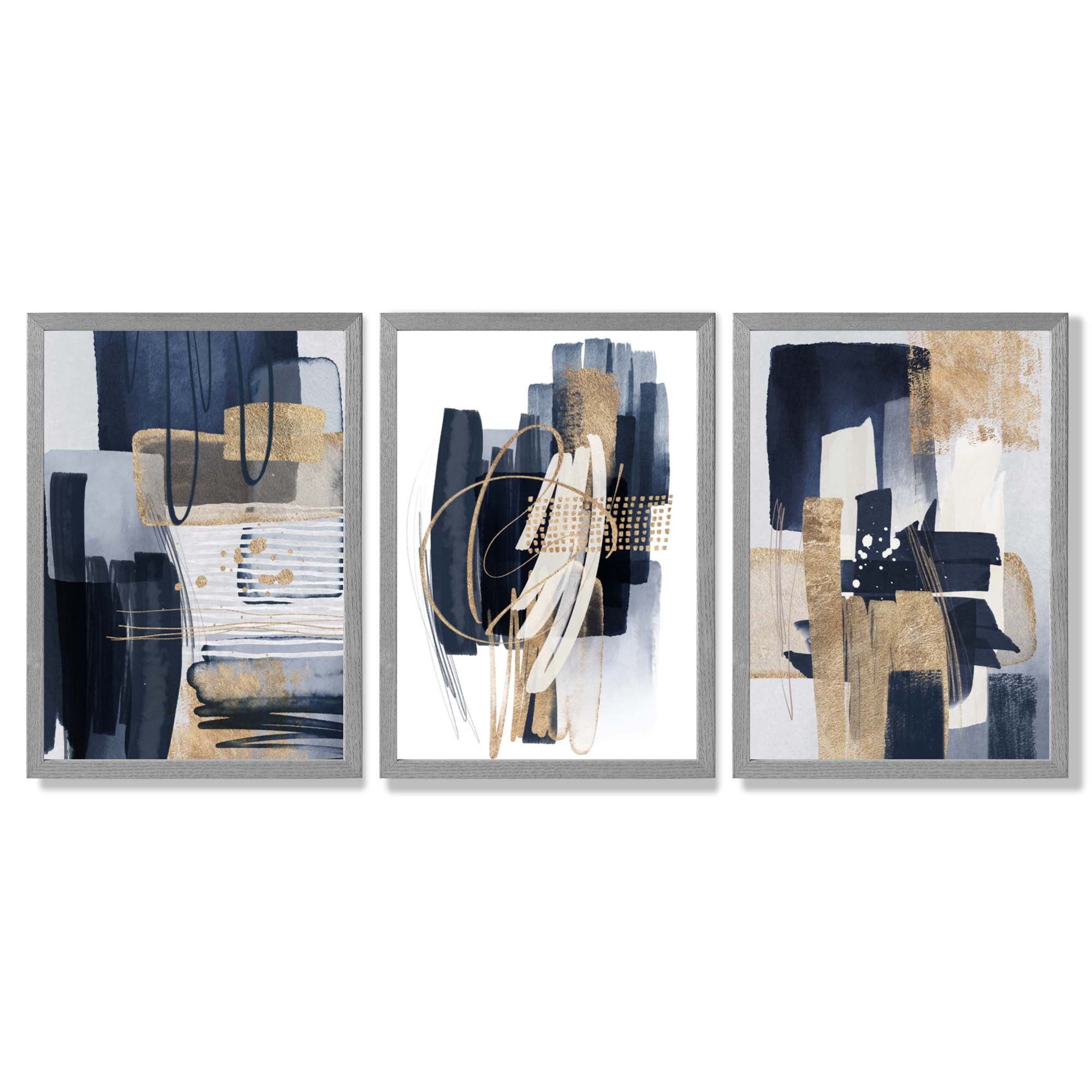 Set of 3 Abstract Navy and Blue Shades with Gold Framed Art Prints with Light Grey Wooden Frames