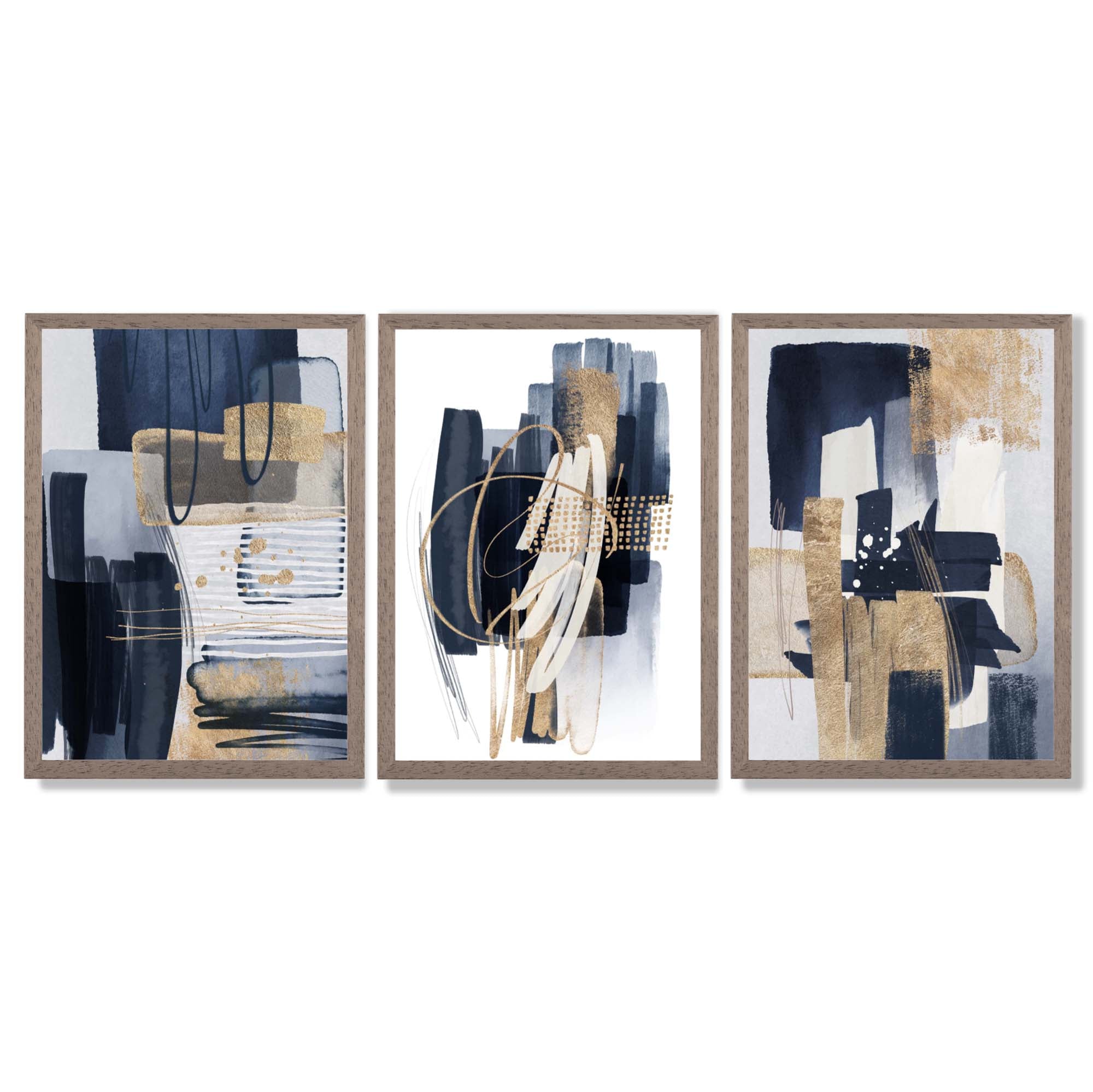 Set of 3 Abstract Navy and Blue Shades with Gold Framed Art Prints with Light Walnut Frames