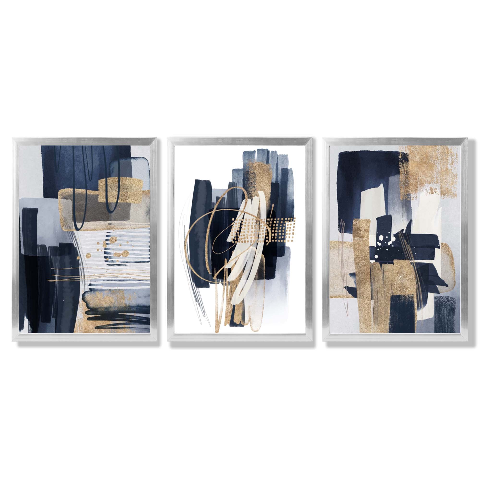 Set of 3 Abstract Navy and Blue Shades with Gold Framed Art Prints with Silver Wood Frames
