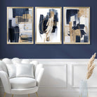 Set of 3 Abstract Navy and Blue Shades with Gold Art Prints in Luxury Frames | Artze UK