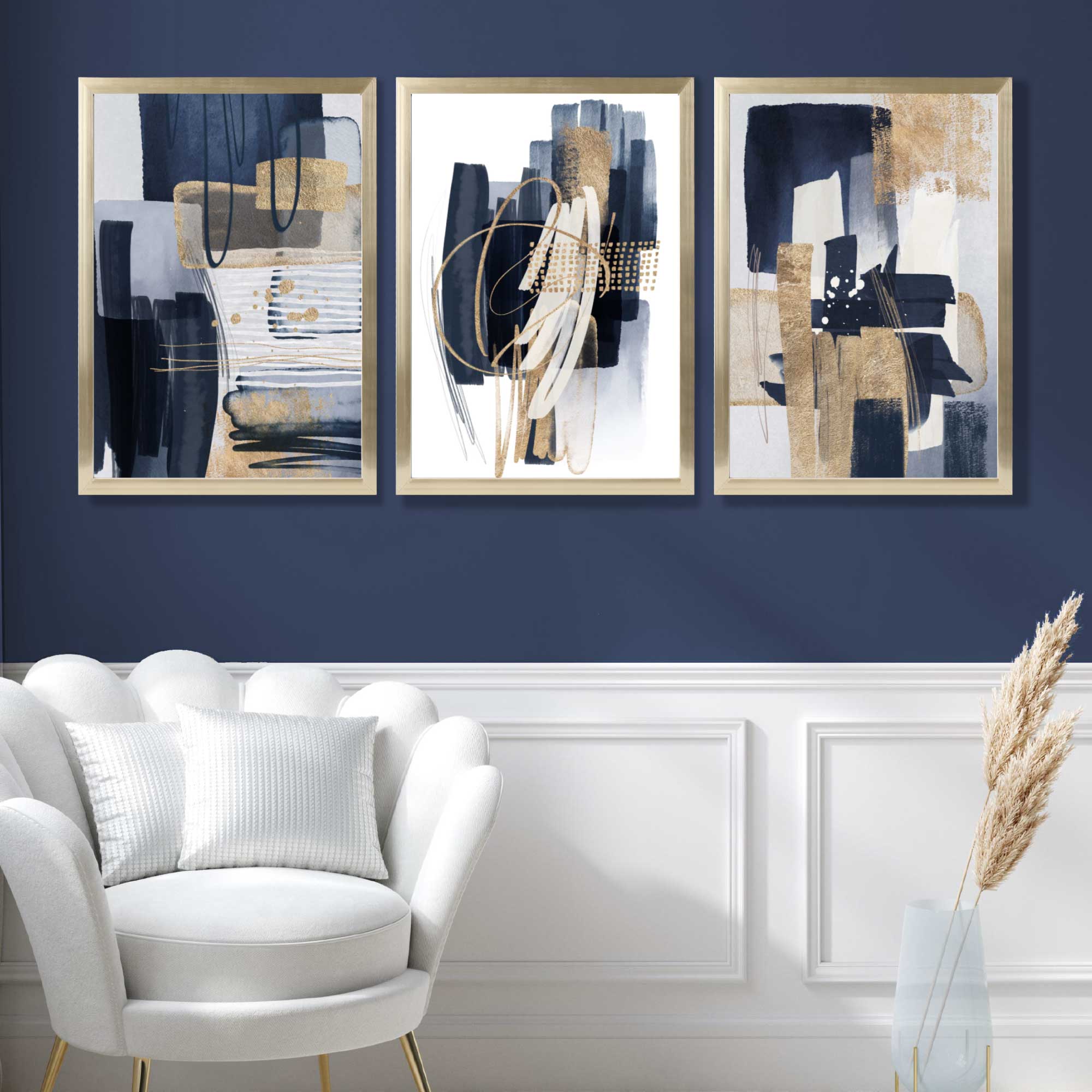 Set of 3 Abstract Navy and Blue Shades with Gold Art Prints in Luxury Frames | Artze UK