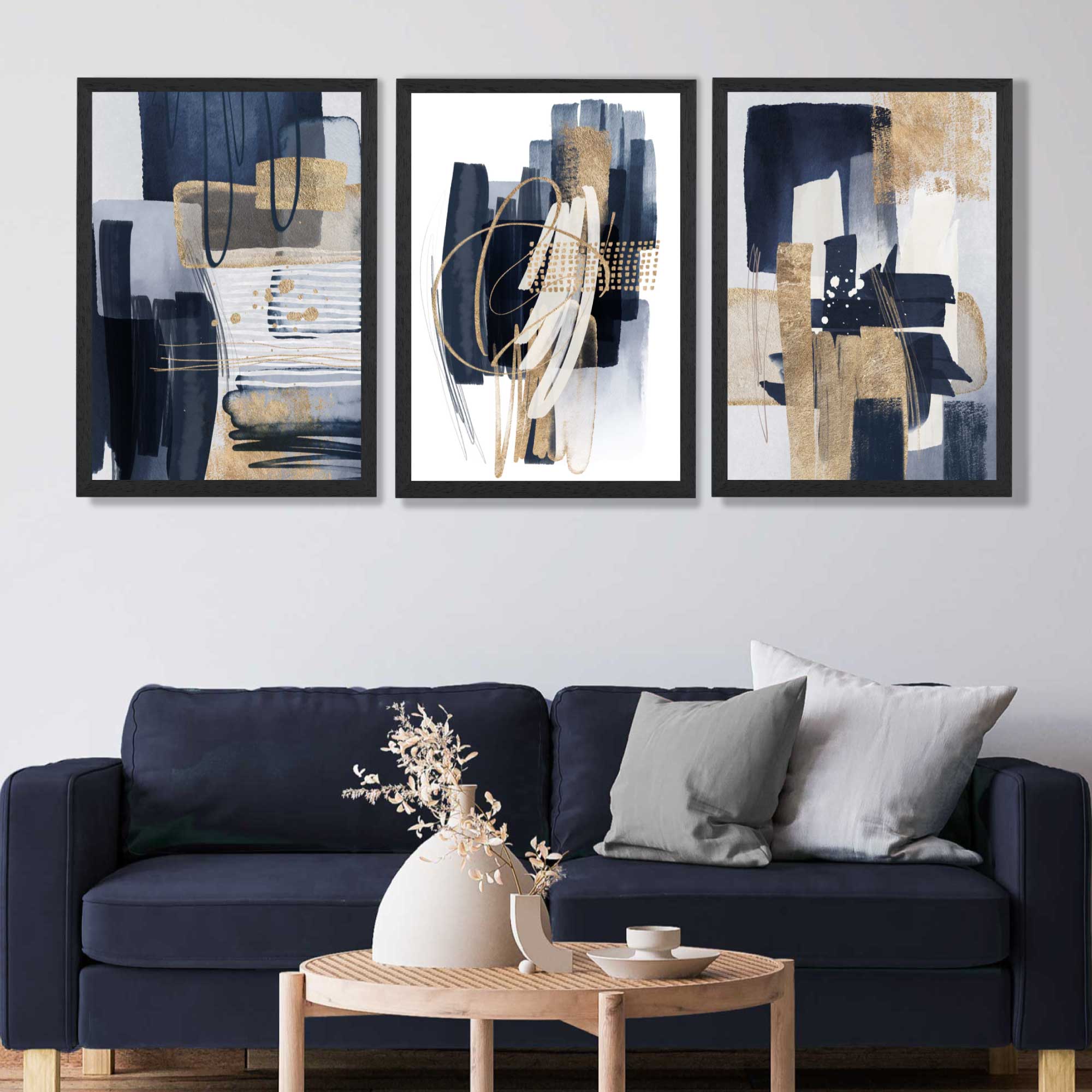 Set of 3 Abstract Navy and Blue Shades with Gold Art Prints in Black Frames | Artze UK