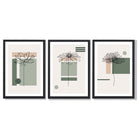 Set of 3 Sketch Flowers with Green and Beige Geometric  Framed Art Prints with Black Wooden Frames