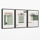 Set of 3 Sketch Flowers with Green and Beige Geometric  Canvas Art Prints with Black Float Frame