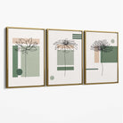 Set of 3 Sketch Flowers with Green and Beige Geometric  Canvas Art Prints with Gold Float Frame