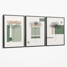 Set of 3 Sketch Flowers with Green and Beige Geometric  Canvas Art Prints with Grey Float Frame