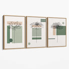 Set of 3 Sketch Flowers with Green and Beige Geometric  Canvas Art Prints with Oak Float Frame