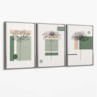 Set of 3 Sketch Flowers with Green and Beige Geometric  Canvas Art Prints with Silver Float Frame