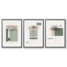 Set of 3 Sketch Flowers with Green and Beige Geometric  Framed Art Prints with Dark Grey Wooden Frames