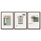 Set of 3 Sketch Flowers with Green and Beige Geometric  Framed Art Prints with Dark Wood Frames