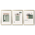 Set of 3 Sketch Flowers with Green and Beige Geometric  Framed Art Prints with Gold Wood Frames