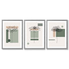 Set of 3 Sketch Flowers with Green and Beige Geometric  Framed Art Prints with Light Grey Wooden Frames